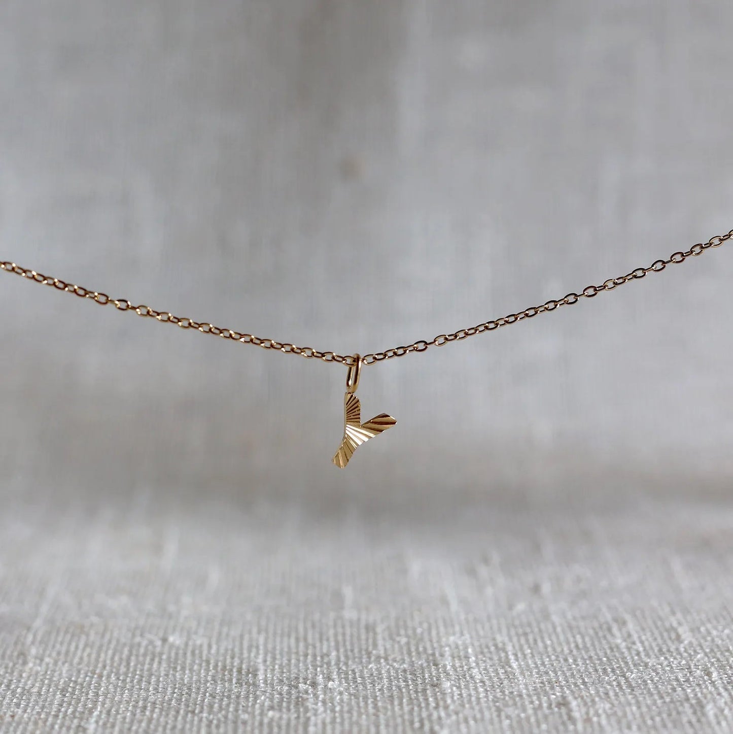 Collier "Je suis" avec pendentif lettre Y striée en acier doré, suspendu sur un fond en tissu beige texturé.