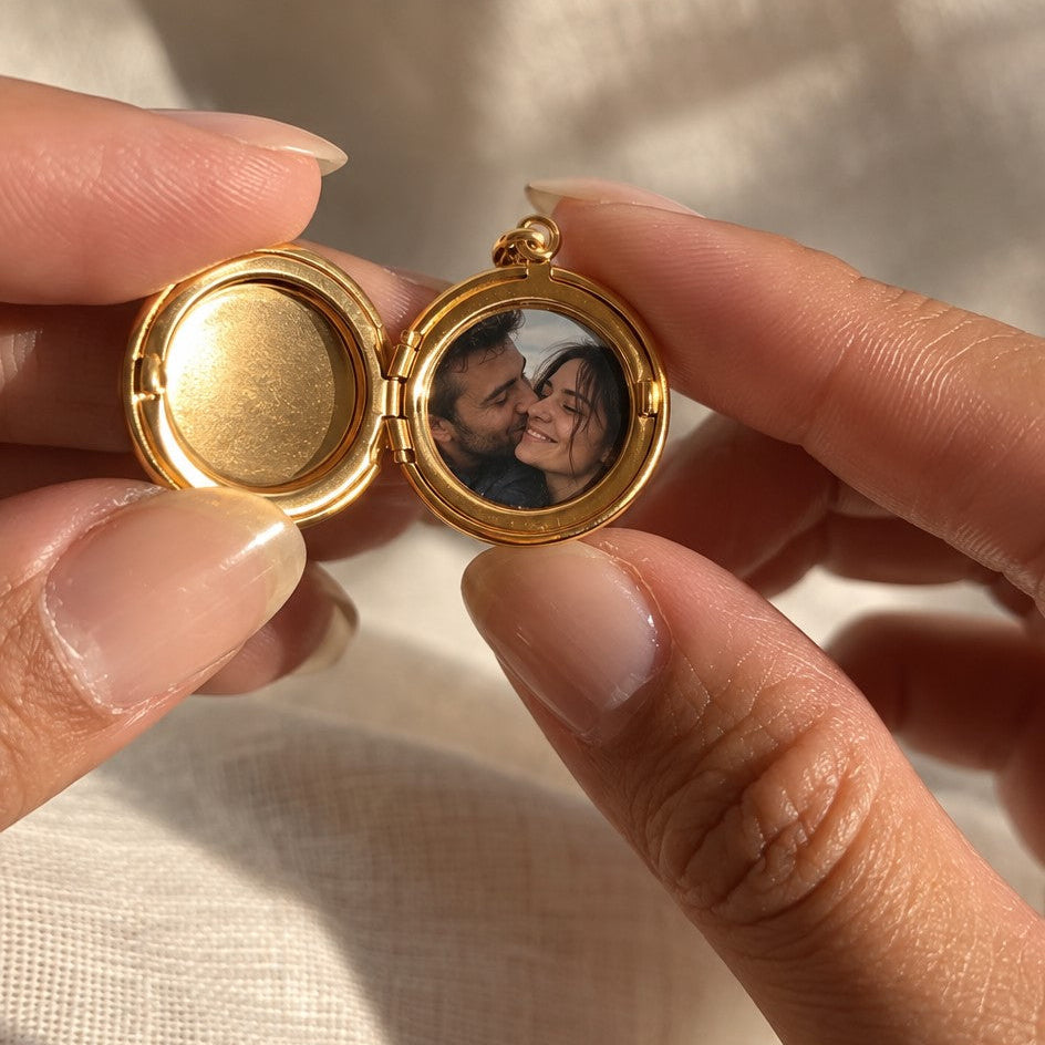 Médaillon photo rond doré tenu entre les doigts, ouvert sur la photo d'un couple