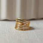 Bague J'ai changé multi-rang ajustable en acier inoxydable doré posée à plat sur un tissu beige doux, vue zoom