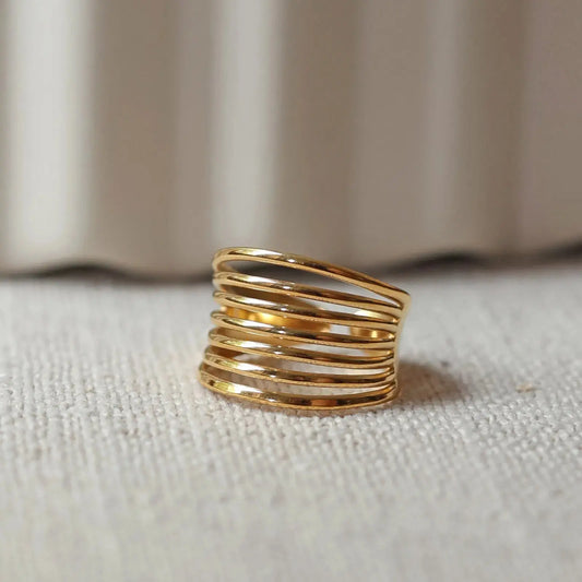 Bague J'ai changé multi-rang ajustable en acier inoxydable doré posée à plat sur un tissu beige doux, vue zoom