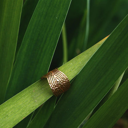 Bague Avenir ajustable, au design géométrique en acier inoxydable doré, posé sur une feuille de yuka, dans la nature