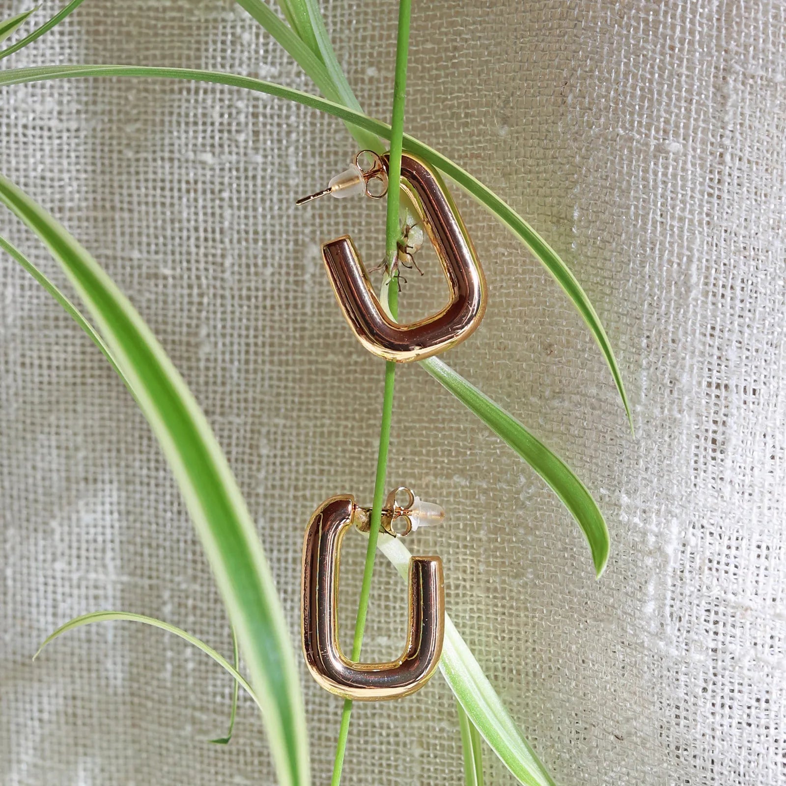 Boucles d'oreilles J'agis, créoles rectangulaires en acier inoxydable doré, photographiée en vue rapprochée, suspendues sur une liane sur une toile beige texturée.