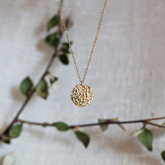 Collier Renaissance doré, médaille ronde martelée à graver vue de face, suspendue sur une branche de feuilles. 