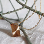 Collier Résilience en acier doré avec pendentif rectangulaire gravé de rayons, personnalisable au verso, vue de face sur une branche - Visée Bijoux