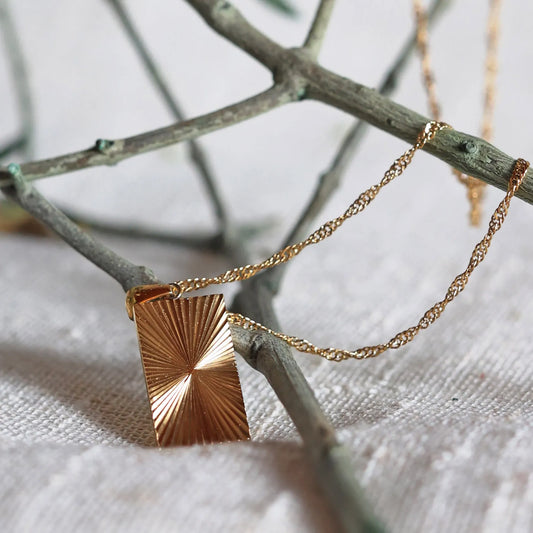 Collier Résilience en acier doré avec pendentif rectangulaire gravé de rayons, personnalisable au verso, vue de face sur une branche - Visée Bijoux