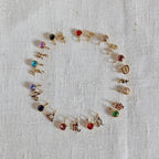 Vue d'ensemble des pendentifs "Mon identité" en acier doré, formant un cercle avec signes astrologiques et pierres colorées, posés sur un fond beige texturé.