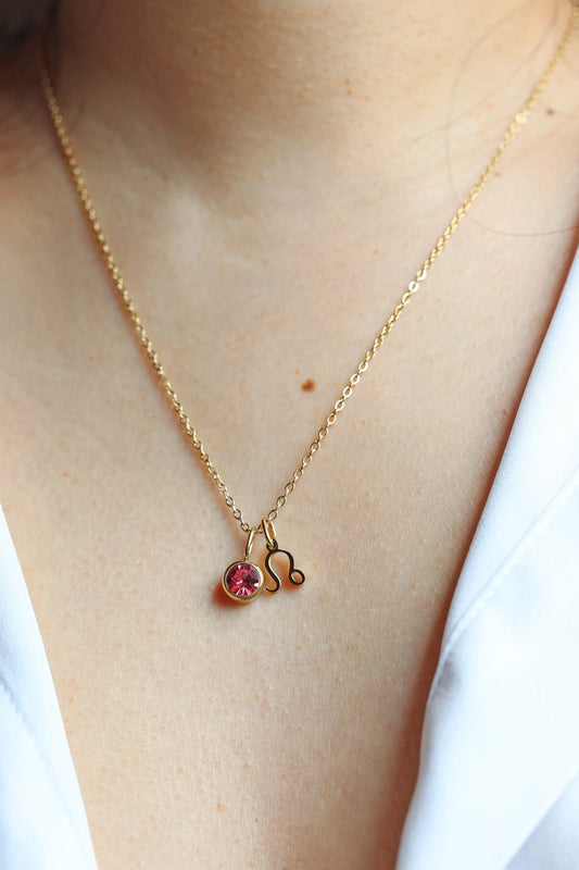 Collier ZOE doré en acier inoxydable avec signe du zodiaque et pierre de naissance, personnalisable pour un cadeau unique
