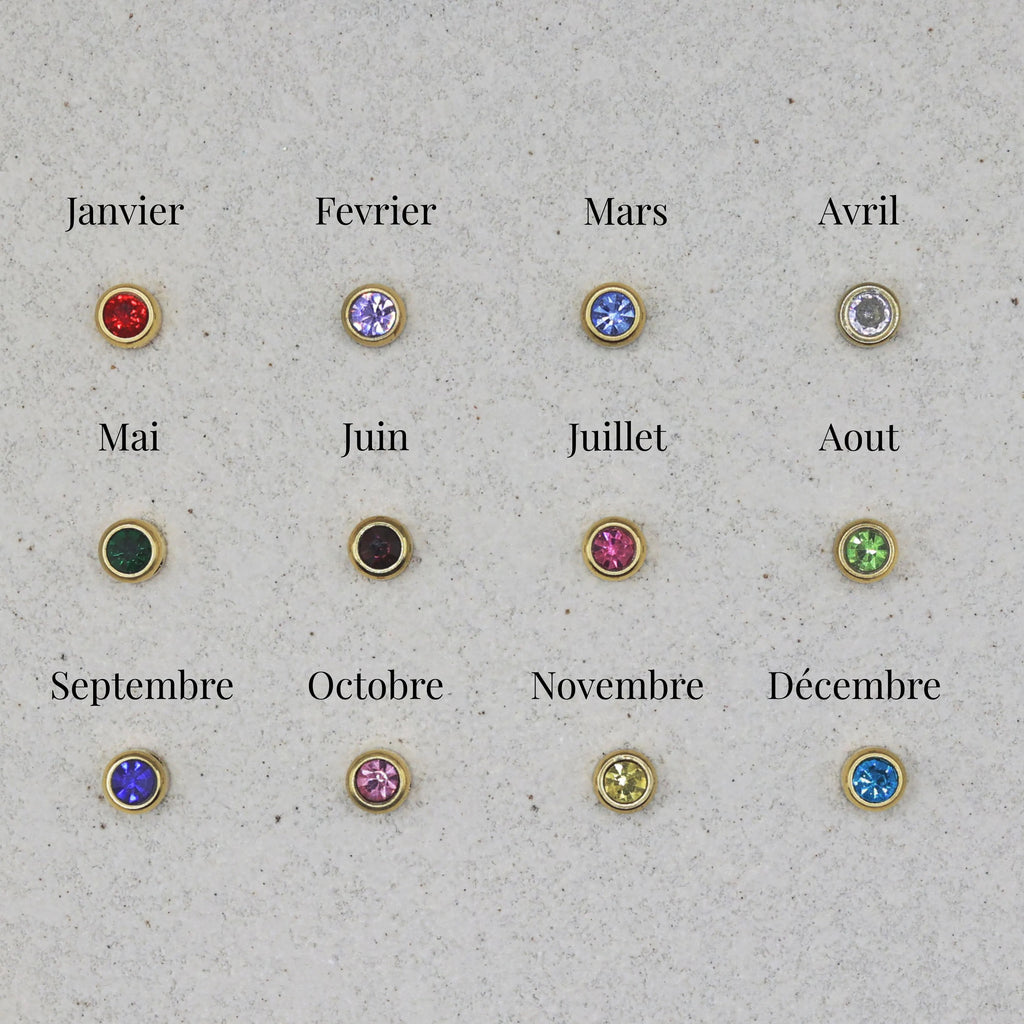 Pierres de naissance colorées  associées à chaque mois de l'année, présentées sur fond beige - option de personnalisation du bracelet Mon Choix.