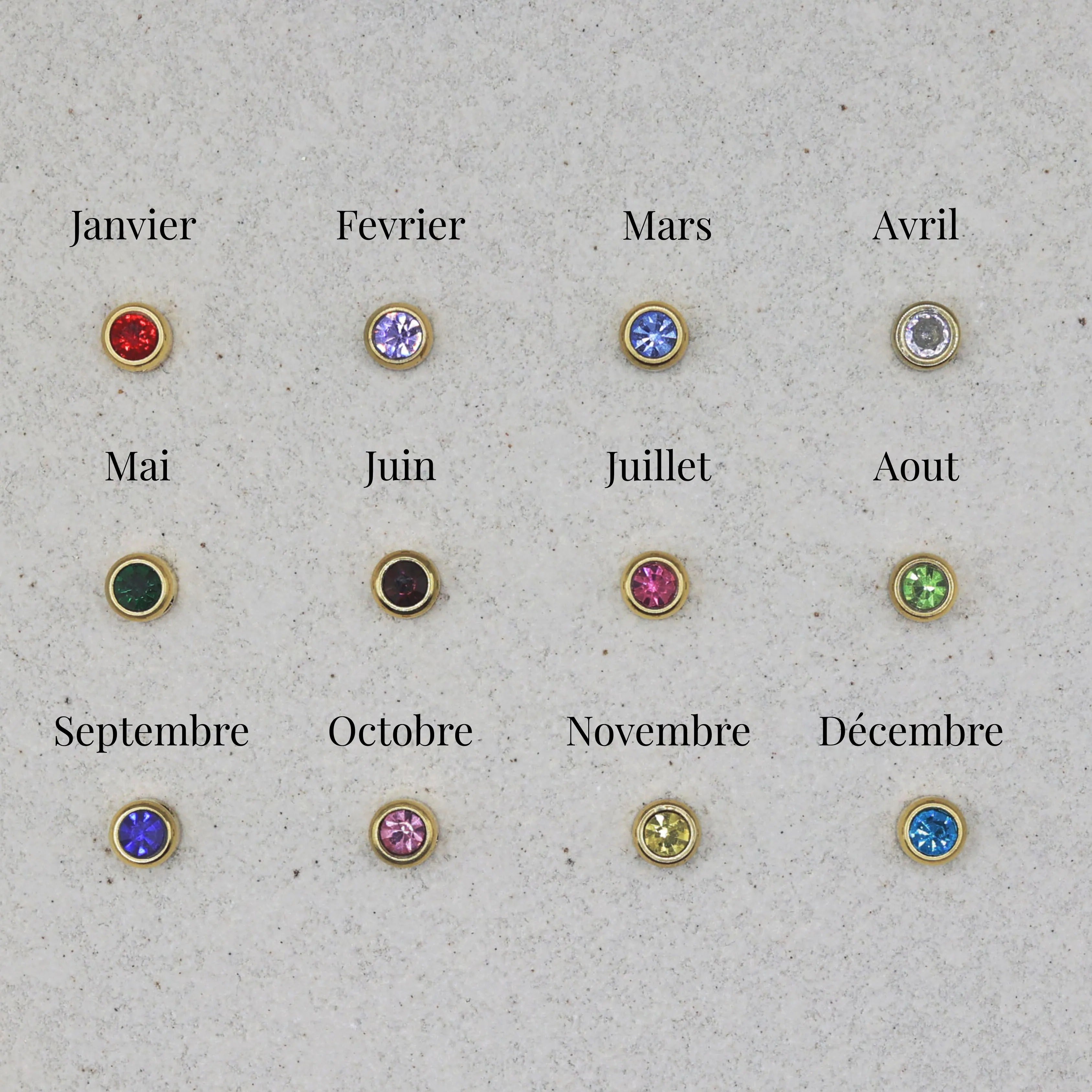 Pierres de naissance colorées  associées à chaque mois de l'année, présentées sur fond beige - option de personnalisation du bracelet Mon Choix.