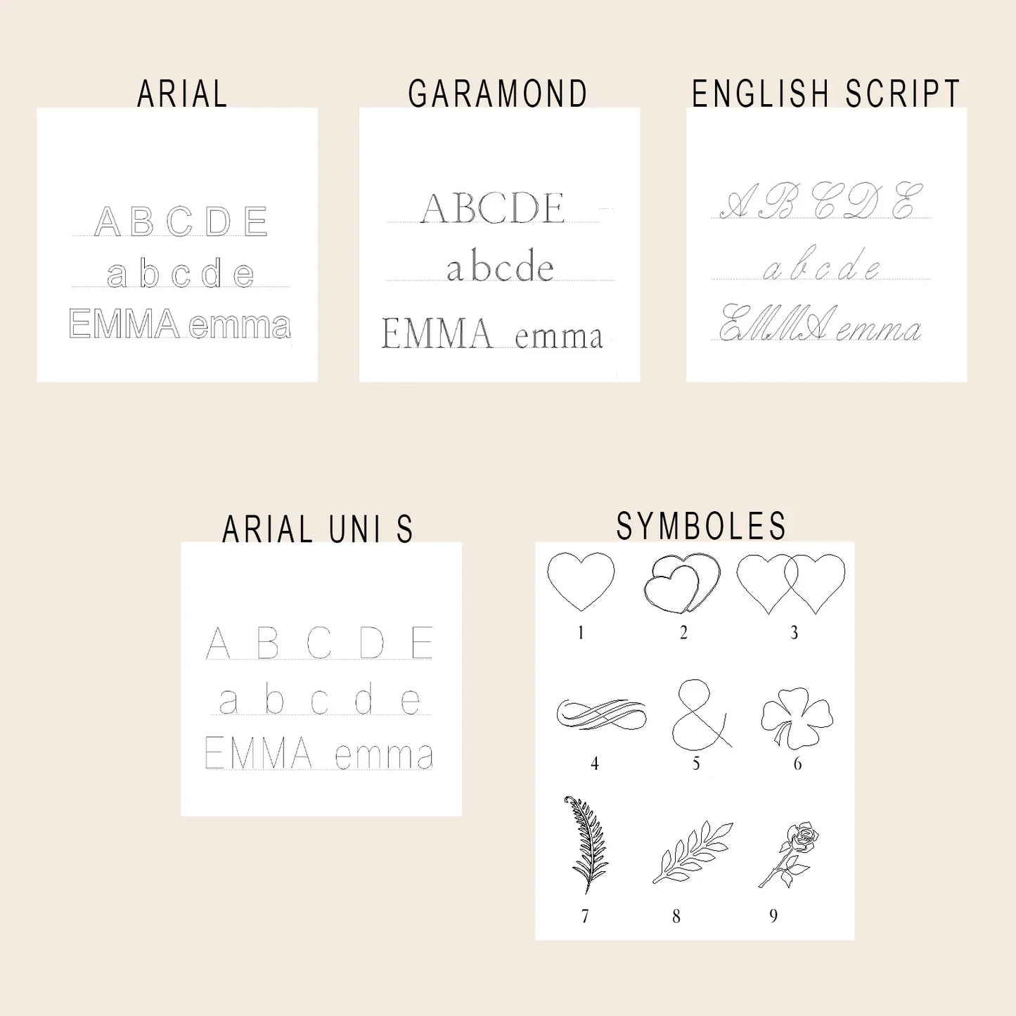 Aperçu des polices de gravure disponibles (Arial, Garamond, English script, Arial uni s) et des symboles à graver (coeur, ailes, feuillages, noeuds), sur fond beige texturé.