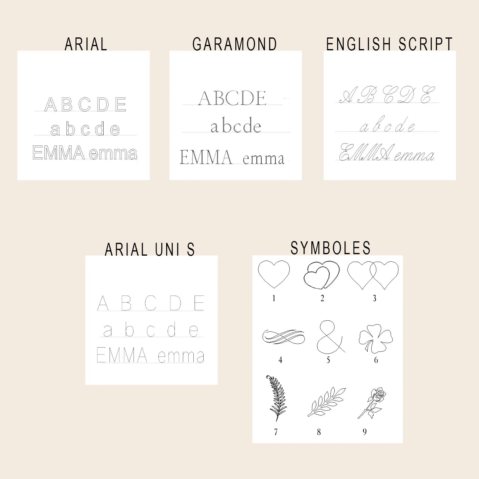 Aperçu des polices de gravure disponibles (Arial, Garamond, English script, Arial uni s) et des symboles à graver (coeur, ailes, feuillages, noeuds), sur fond beige texturé.