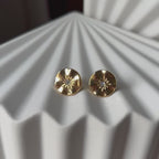 Vidéo des boucles d’oreilles Céleste dorées motif étoile, serties d'un zircon, posées sur un fond beige.