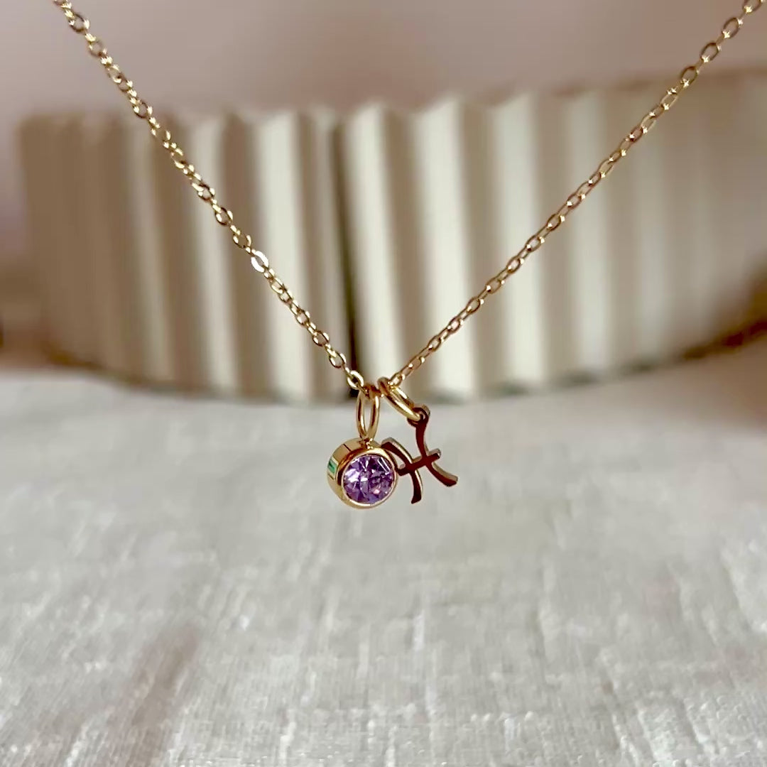 Vidéo du collier "Mon identité" en acier doré, avec signe astrologique et pierre de couleur.